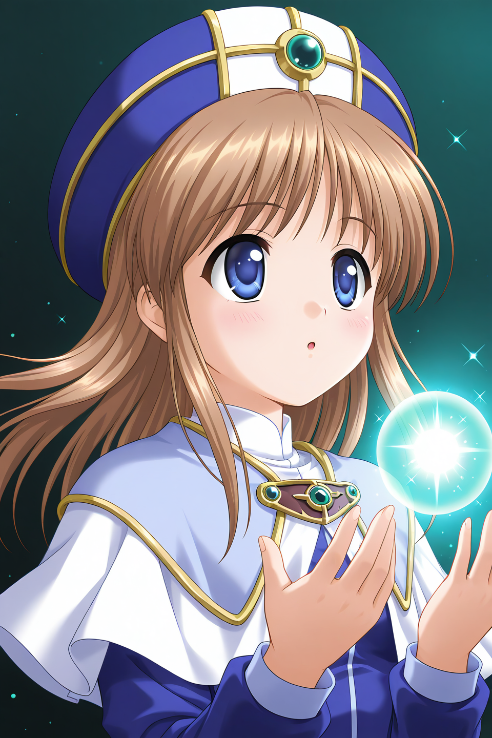 masterpiece, best quality, absurdres, official art, official style, rating general BREAK <lora:sylphycloud_IL_v1-1:0.7>, sylphy cloud, 1girl, solo, blue eyes, brown hair, long hair, bangs, flat chest, hat, blush, brooch, long sleeves, magic, :o, upper body, gem, open mouth, green background, sparkle, blue dress, glowing, orb, gradient, gradient background, simple background, open hands, energy ball, parted lips, looking up, white capelet, looking away, light, floating hair, blue headwear, pendant, priest, turtleneck, robe, light purple capelet, layered capelet