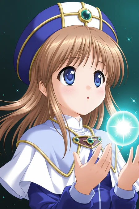 masterpiece, best quality, absurdres, official art, official style, rating general BREAK <lora:sylphycloud_IL_v1-1:0.7>, sylphy cloud, 1girl, solo, blue eyes, brown hair, long hair, bangs, flat chest, hat, blush, brooch, long sleeves, magic, :o, upper body, gem, open mouth, green background, sparkle, blue dress, glowing, orb, gradient, gradient background, simple background, open hands, energy ball, parted lips, looking up, white capelet, looking away, light, floating hair, blue headwear, pendant, priest, turtleneck, robe, light purple capelet, layered capelet
