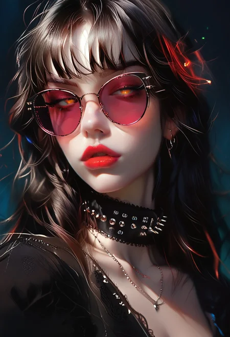 a succubus is summoned within a circle, flames from within the circle, peers at viewer over sunglasses, seductive, dynamic pose, oblique angle, score_9, score_8_up, score_7_up, solo, cute girl, c4t3y3 glasses, long eyelashes, long hair, bangs, perky breasts, rk-studs, bright lipstick, teasing, sultry, sexy sophisticated, detailed clothes, expensive dress, deep cleavage, studded black leather collar, silver chain, perfecteyes, 1dk, braless, bokeh, cowboy shot, g0thicPXL, glowing, neon, mesh, lace, leather