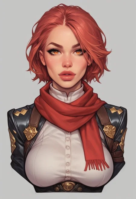 ((front view)))
A pale skinned red hair girl, dressed in grimy and worn-out clothes, she stands in a dimly lit (underground base:1.5). Her body is adorned with white latex garments with red accents/details, including a complex design bodysuit, (((a red scarf tied around her neck))), and several white belts, white harnesses, and white holsters for her tactical equipment. Her attire is accented with red, crop jacket. Looking at viewer, confident cute pose, shiny reflective eyes.
(((full-clothed))),
BREAK 
strange world background score_9, score_8_up, score_7_up, score_6_up, source_cartoon, rating_explicit, Expressiveh, (((((Upper body, full body))))), dynamic pose