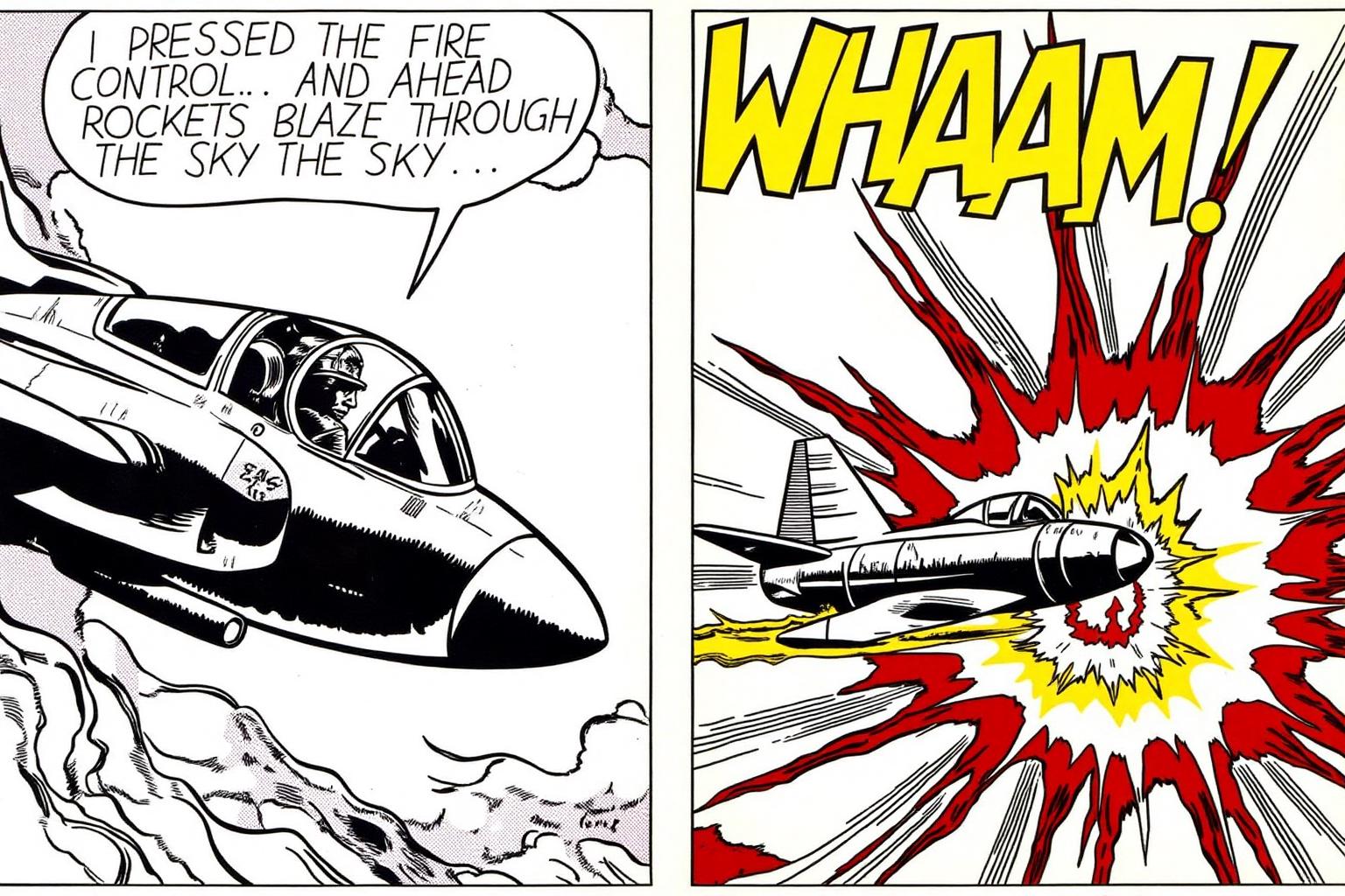 lichtenstein1 illustration.
A two-panel scene. 
The left panel shows a fighter jet with a pilot visible through the clear canopy, flying towards the right. There is a speech bubble above the plane that says "I PRESSED THE FIRE CONTROL... AND AHEAD OF ME ROCKETS BLAZED THROUGH THE SKY...".
The right panel shows a plane exploding in a big ball of red white and yellow fire. There is a comic book sound effect above the explosion that says "WHAAM!"  in large bold yellow letters.
 <lora:lichtenstein1_cap_d6a3e8:1.0><lora:835893059485988677:0>