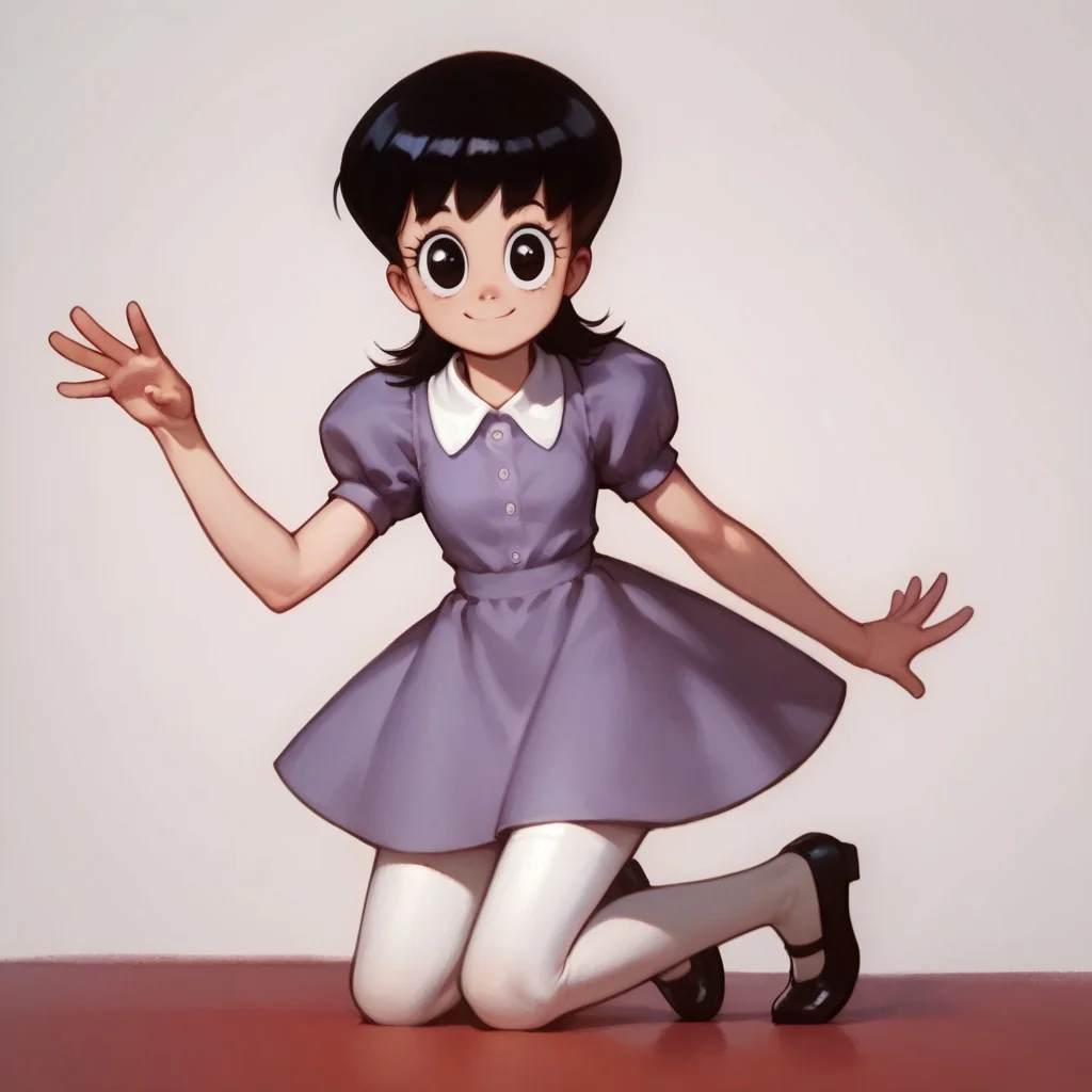 score_9, score_8_up, score_7_up BREAK AyeEyes, 1girl, black hair, black eyes, white buttoned collar, puff sleeve purple dress, white stockings, black mary jane shoes, smiling at viewer,