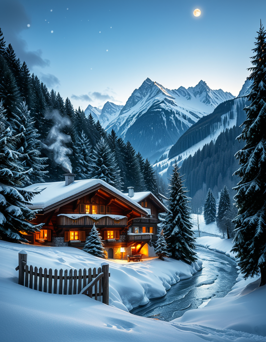 A stunning winter scene in the Tyrol region of Austria. A charming wooden chalet with traditional alpine architecture stands on a gentle snow-covered slope, surrounded by dense evergreen forests blanketed in fresh snow. The chaletâs warm interior lights glow softly through its large windows, creating a cozy contrast against the cool twilight hues of the sky. A plume of smoke drifts from the chimney, hinting at a roaring fireplace inside. In the foreground, a small wooden fence is partially buried under the snow, while a frozen river winds through the valley, reflecting the moonlight. Towering, snow-capped peaks of the Austrian Alps dominate the background, adding a breathtaking sense of grandeur. Snowflakes gently fall, adding movement and depth to the peaceful, picturesque scene. The image is hyper-realistic, capturing the intricate textures of the wood, snow, and ice, with cinematic lighting that highlights the magical winter ambiance.
<lora:SDXLFaeTastic2400:0.4> <lora:extremely_detailed:0.4> extremely detailed,<lora:winter_scene_in_the_Tyr0l:1>,winter scene in the Tyr0l, Masterpiece,best quality,hi res,8k,hi res,8k,award winning,(sharp focus, intricate, highly detailed),