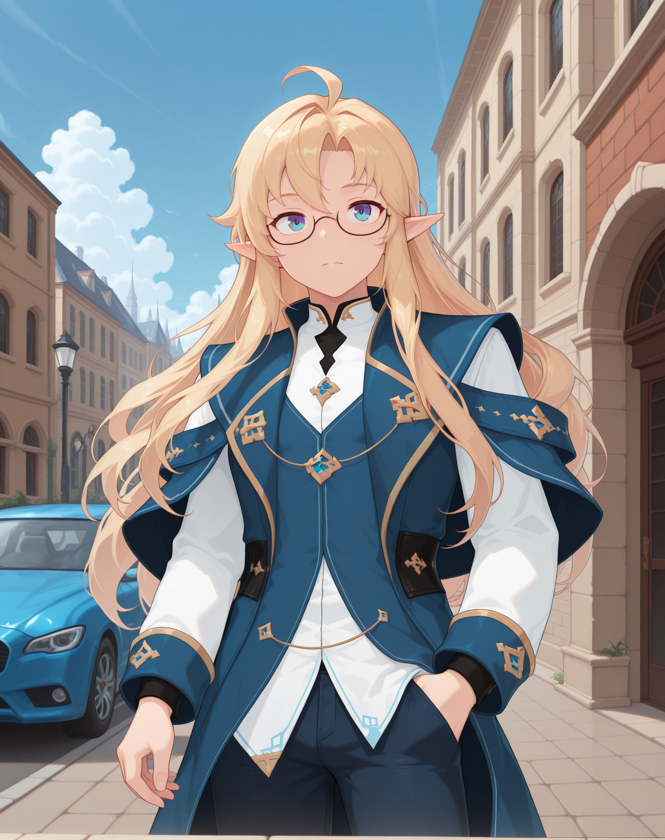 masterpiece,best quality,amazing quality, newest, very aesthetic, absurdres,
1boy, solo, yaoi, male focus, looking at viewer, cowboy shot, standing,
<lora:Grandiel_Default_ilxl:1>  grandieldefault, pointy ears, blonde hair, long hair, glasses,blue eyes, ahoge, elf, semi-rimless eyewear, hair between eyes, parted bangs,
white shirt, jeans, sneakers,
outdoors, day, blue sky, building, street, road, lamppost, car,