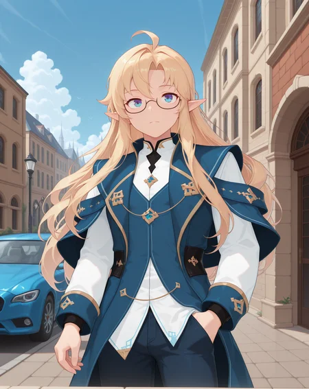 masterpiece,best quality,amazing quality, newest, very aesthetic, absurdres,
1boy, solo, yaoi, male focus, looking at viewer, cowboy shot, standing,
<lora:Grandiel_Default_ilxl:1> grandieldefault, pointy ears, blonde hair, long hair, glasses,blue eyes, ahoge, elf, semi-rimless eyewear, hair between eyes, parted bangs,
white shirt, jeans, sneakers,
outdoors, day, blue sky, building, street, road, lamppost, car,