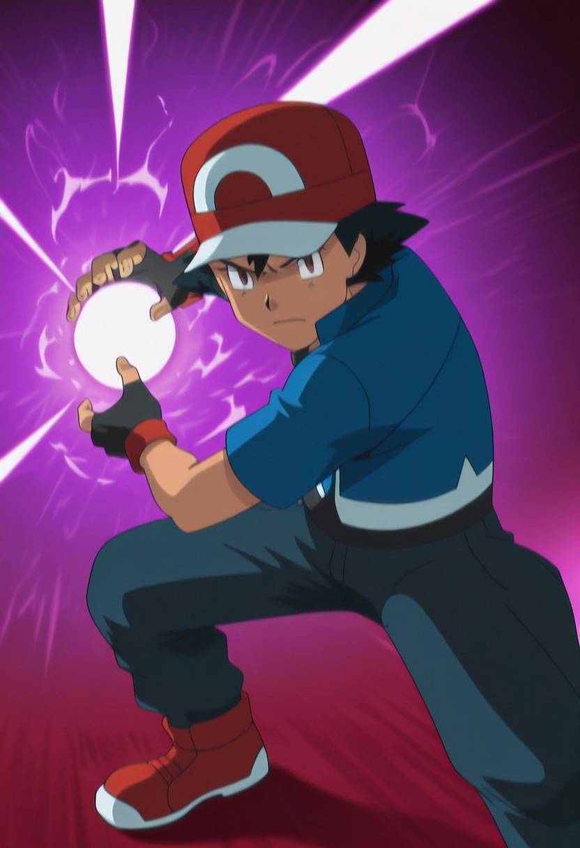 masterpiece, best quality, PokemonStyle, ashxyz, 1boy, male focus, solo, brown eyes, black hair, bangs, hat, baseball cap, red footwear, shirt, black shirt, jacket, blue jacket, short sleeves, gloves, black gloves, fingerless gloves, kamehameha, energy ball, aura, looking at the viewer, serious face