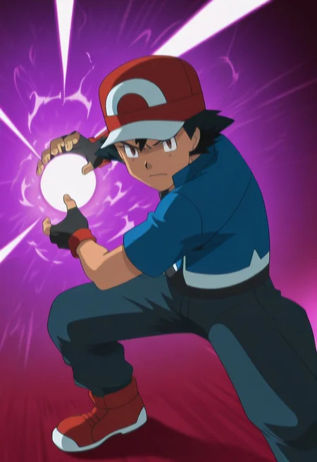 masterpiece, best quality, PokemonStyle, ashxyz, 1boy, male focus, solo, brown eyes, black hair, bangs, hat, baseball cap, red footwear, shirt, black shirt, jacket, blue jacket, short sleeves, gloves, black gloves, fingerless gloves, kamehameha, energy ball, aura, looking at the viewer, serious face