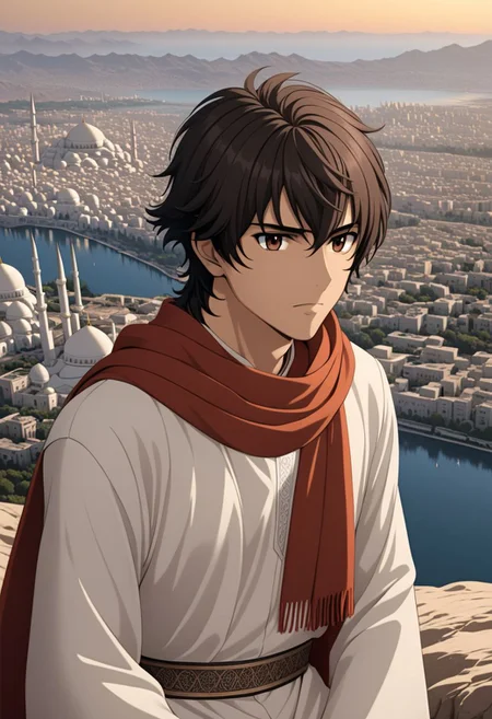 ASCIIsoran_ibrahim, 1man, male focus, solo, warm beige skin, brown hair, (lean, slim, thin),
detailed glossy reflective eyes, expressive eyes, big brown eyes, wearing a white thobe, red scarf, on a rock overlooking an Islamic city,
masterpiece, best quality, ultra high res, 4k, 8k, intricate detail, clamshell warm lighting,