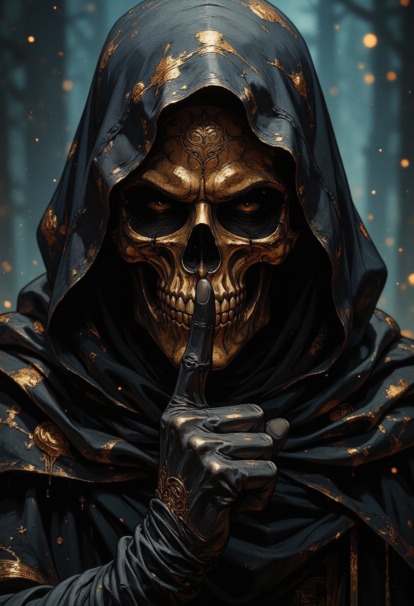 Dark, A close-up of a mysterious figure wearing a dark, weathered hooded cloak. The figure's face is a golden metallic skull, intricately detailed with engravings and reflecting dim, ambient light. The figure raises a gloved finger to their lips in a gesture of silence, their pose calm yet menacing. The background is blurred in a soft bokeh style, with warm golden particles floating in the air, adding to the eerie, otherworldly atmosphere. Subtle droplets of rain glisten on the cloak, enhancing the texture and realism. The lighting is moody, with cool tones contrasting against the warm glow of the particles, creating a dramatic and haunting visual. The image is highly detailed, with a focus on the textures of his skin, emphasizing enhancing the dramatic and bold aesthetic of the image. Style evokes moody, surrealistic Expressionism, reminiscent of dark fantasy art. (grain:0.2), (noise:0.1), (anti-aliasing),