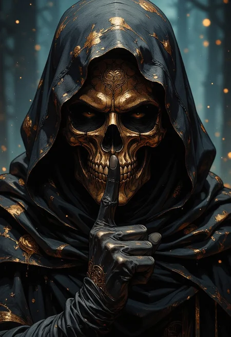 Dark, A close-up of a mysterious figure wearing a dark, weathered hooded cloak. The figure's face is a golden metallic skull, intricately detailed with engravings and reflecting dim, ambient light. The figure raises a gloved finger to their lips in a gesture of silence, their pose calm yet menacing. The background is blurred in a soft bokeh style, with warm golden particles floating in the air, adding to the eerie, otherworldly atmosphere. Subtle droplets of rain glisten on the cloak, enhancing the texture and realism. The lighting is moody, with cool tones contrasting against the warm glow of the particles, creating a dramatic and haunting visual. The image is highly detailed, with a focus on the textures of his skin, emphasizing enhancing the dramatic and bold aesthetic of the image. Style evokes moody, surrealistic Expressionism, reminiscent of dark fantasy art. (grain:0.2), (noise:0.1), (anti-aliasing),