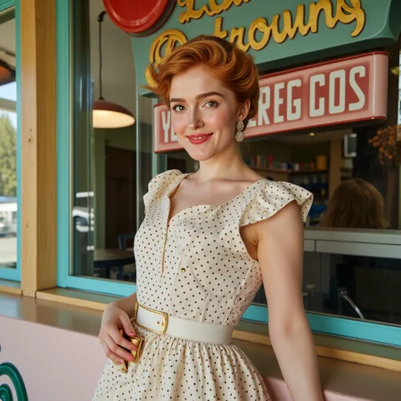 surrealist art Art Nouveau style A fashionable blonde woman wearing a classic 1950s-style high neck dress, with a modest, fitted bodice and a full, knee-length skirt. The dress features playful polka-dot patterns and a stylish belt cinching her waist. Her hair is styled in soft, vintage curls, and she carries a small, elegant handbag. She stands in front of a retro diner, with pastel-colored signage and chrome details. Bright, cheerful lighting adds a nostalgic, charming quality to the scene.
beautiful smile, sensual pose, playfully smiling <lora:jialissa-ultimatev2:1> . elegant, decorative, curvilinear forms, nature-inspired, ornate, detailed . dreamlike, mysterious, provocative, symbolic, intricate, detailed