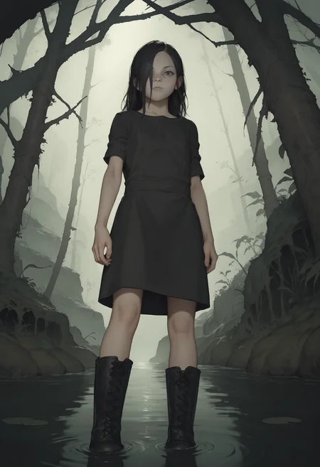 score_9, score_8_up, score_8, source_anime, 1girl, <lora:Eveline:0.75> solo, flat chest, white skin, pale skin, long hair, black hair, hair over one eye, black dress, short sleeves, looking at viewer, boots, standing, view from below,
swamp, outdoors background,