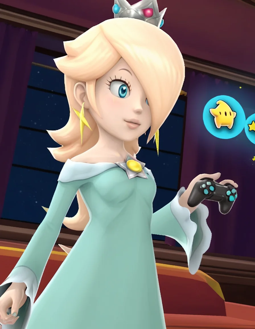 score_9, score_8_up, score_7_up, source_anime, <lora:rosalina-super-mario-galaxy-ingame-ponyxl-lora-nochekaiser:1>, rosalina, blonde hair, blue eyes, hair over one eye, long hair, 3d, blue dress, crown, dress, earrings, jewelry, princess, robe, star earrings,, living room, video game, controller, competitive, fun, afternoon, smile, , hand reaching forward, knee up, arm down, solo,, cowboy shot, dutch angle