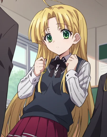 score_9, score_8_up, score_7_up, source_anime,
asiaargento, <lora:asia-argento-ponyxl-lora-nochekaiser:1>,
asia argento, long hair, blonde hair, green eyes, parted bangs, ahoge,
skirt, shirt, long sleeves, ribbon, school uniform, pleated skirt, vest, red skirt, sweater vest,
indoors, classroom,
looking at viewer, dutch angle, cowboy shot,