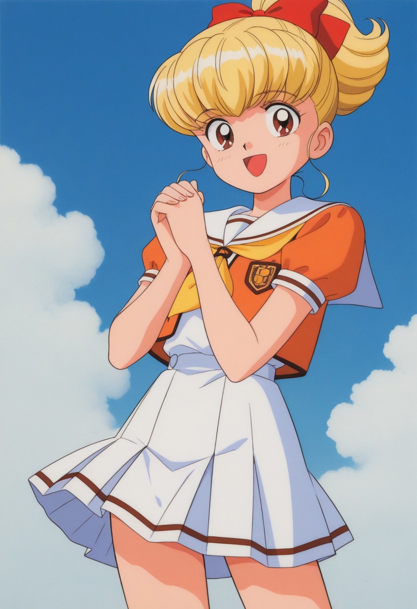 masterpiece, best quality, source_anime,official art,perfect_anatomy,1990s_\(style\),retro_artstyle,ririka moriya,1girl,brown eyes,blonde hair,hair bow,ponytail,bangs
school uniform,(beautiful detailed face,looking_at_viewer,smile,open mouth),cowboy shot,close to viewer,day,blue_sky,cloud,