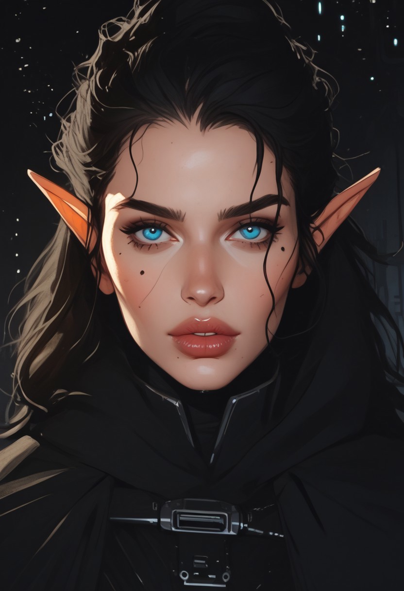 score_9, score_8_up, score_8, Science Fiction, Star Wars, perfecteyes, ultra detailed, high resolution, high quality, masterpiece, intricate details, intricate body, intricate landscape, knva, Expressiveh, European Instagram Model, upper body shot, low light, dungeon, ruins, green glow, black background, ard3nSW
BREAK
1girl, source_cartoon, mature female, Elf, pointed ears, beautiful, 30 years old, <lora:Darth Revan PONY v1.0:1> 7-darthrevan, 1girl, beautiful, (black hair), messy hair, blue eyes, pale skin, full lips, french, beauty mark mole, black cloak, looking at viewer,