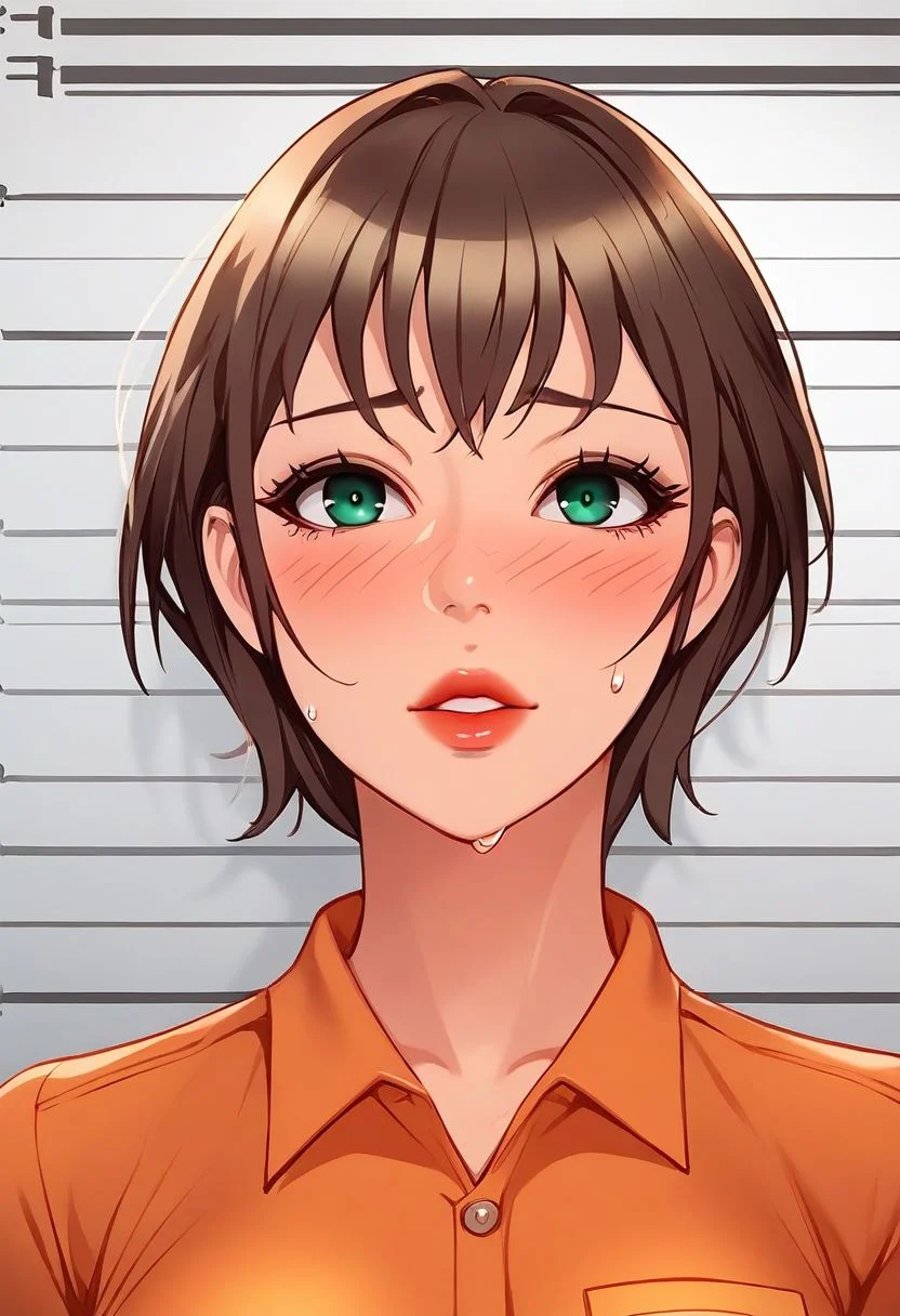 anime artwork, score_9, score_8_up, score_7_up, score_6_up, score_5_up, ASCII masterpiece, source_anime, BREAK, 1girl, solo, (( <lora:lua:1> , lua, thin waist, big hips, beautiful skin, beautiful brown hair, beautiful short hair, clear eyes, piercing green eyes, bright pupils, beautiful eyes, big and shaggy breast, beauty, extraordinary beautiful girl, attractive girl, super sexy girl, )) , (prison background), sweaty, 1girl, ((mugshot)), orange prison jumpsuit, high details, red blush on face, nervous expression,