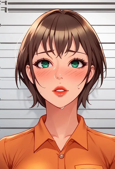 anime artwork, score_9, score_8_up, score_7_up, score_6_up, score_5_up, ASCII masterpiece, source_anime, BREAK, 1girl, solo, (( <lora:lua:1> , lua, thin waist, big hips, beautiful skin, beautiful brown hair, beautiful short hair, clear eyes, piercing green eyes, bright pupils, beautiful eyes, big and shaggy breast, beauty, extraordinary beautiful girl, attractive girl, super sexy girl, )) , (prison background), sweaty, 1girl, ((mugshot)), orange prison jumpsuit, high details, red blush on face, nervous expression,