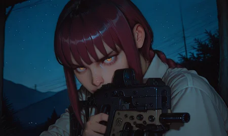 embedding:IllusP0s, kriss vector, aiming submachine gun, makima, outdoors, night, 1girl, solo, determined, white shirt, black tie, realistic, artist:moriimee<lora:MoriiMee_Gothic_Niji_Style_Illustrious_r1.safetensors:0.85:0.85> <lora:kriss_vector_v2.safetensors:1:1>