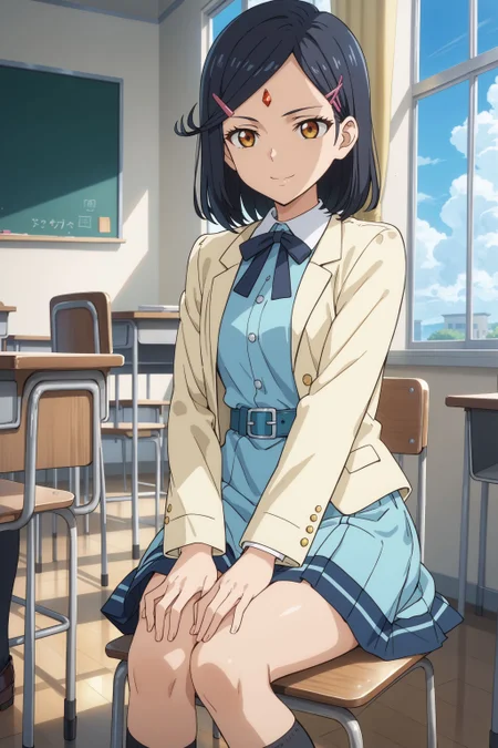 score_max, (score_9, score_8_up, score_7_up:1.0), score_6_up, official art, anime screencap,
, masterpiece, absurdres, high detail, 8k,
school, classroom, behind window, desk, chair, blue sky, cloud,
sitting, hands on own thigh, light smile,
dolma, hairclip, forehead jewel, school uniform, collar, neck ribbon, blue dress, yellow jacket, belt, long sleeves, black socks, loafers, panties,
<lora:XL_Pony_anime-lupin5-dolma-t1:1.0>