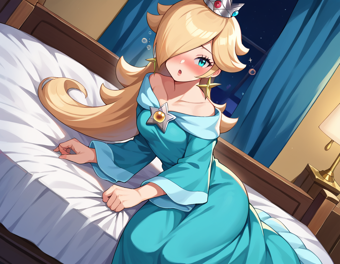 score_9, score_8_up, score_7_up, source_anime,
rosalina, <lora:princess-rosalina-ponyxl-lora-nochekaiser:1>,
rosalina, blonde hair, blue eyes, hair over one eye, long hair,
blue dress, crown, dress, earrings, jewelry, princess, robe, star earrings,
indoors, bed, bed room, on side, blush, drunk,
looking at viewer, dutch angle, cowboy shot,