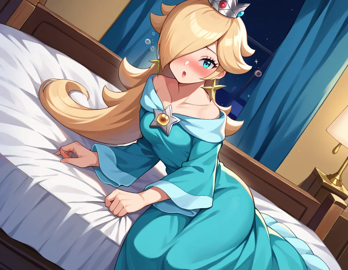 score_9, score_8_up, score_7_up, source_anime,
rosalina, <lora:princess-rosalina-ponyxl-lora-nochekaiser:1>,
rosalina, blonde hair, blue eyes, hair over one eye, long hair,
blue dress, crown, dress, earrings, jewelry, princess, robe, star earrings,
indoors, bed, bed room, on side, blush, drunk,
looking at viewer, dutch angle, cowboy shot,