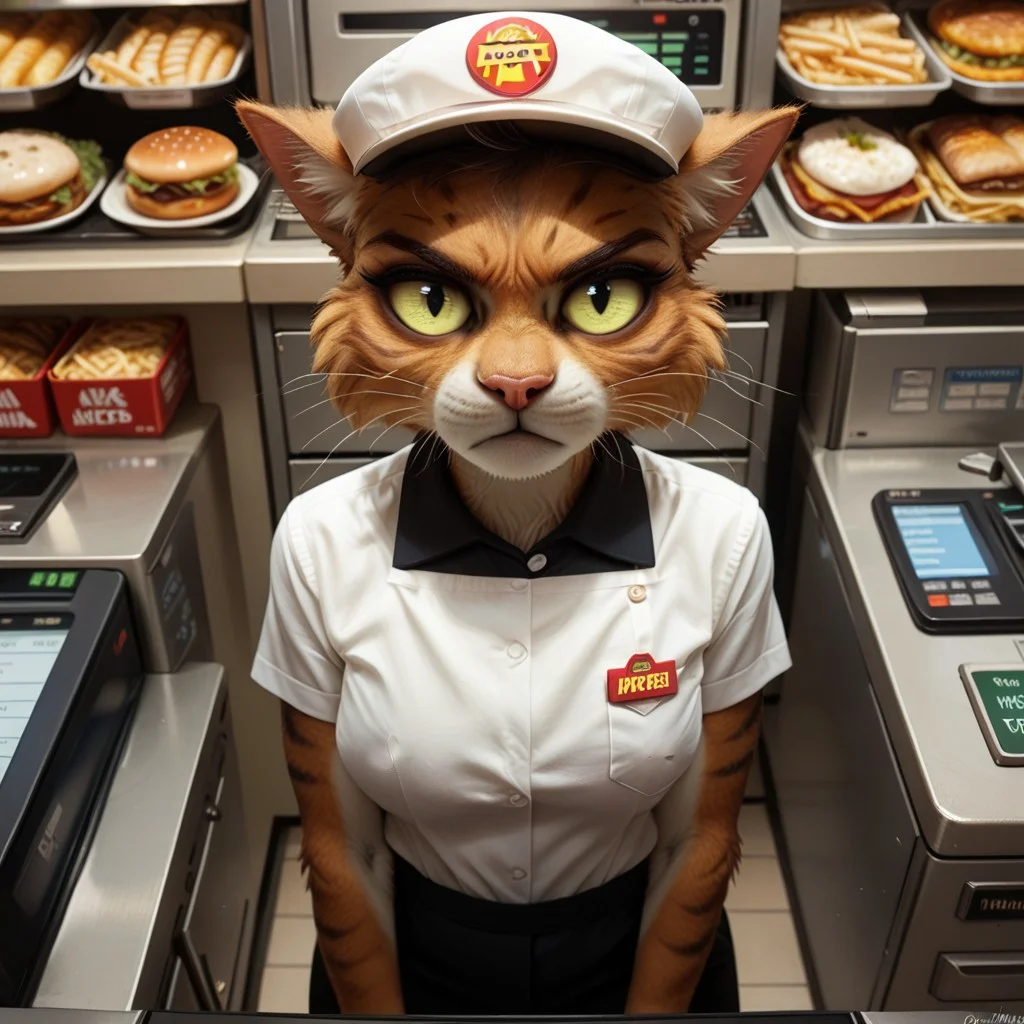 score_9_up, score_8_up, score_7_up, score_6_up,
high angle, looking down, 1 female, standing at a fast food counter with a cash register is (anthro furry cat t'ana), wearing fast food employee shirt, no hat, hatless, nametag, (frowning heavily:1.3), looking at viewer,
BREAK
fast food restaurant, bright, cash register, food menu, close up shot, realistic, beautiful, 4k, highly detailed, dramatic angle,