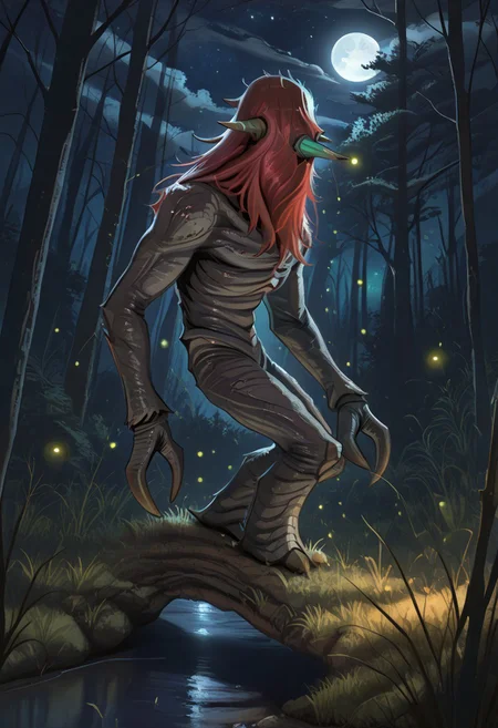 masterpiece,best quality,amazing quality,very aesthetic,absurdres,newest, huge filesize, absurd res,
pascaH, no face, monster, grey skin, wrinkly body, horns, full body, side view, claws, forest, nighttime, stars, moon, trees, clouds, grass, fireflies, beautiful, glowing, scenery, spooky, woman with green eyes and red hair caught by creature,