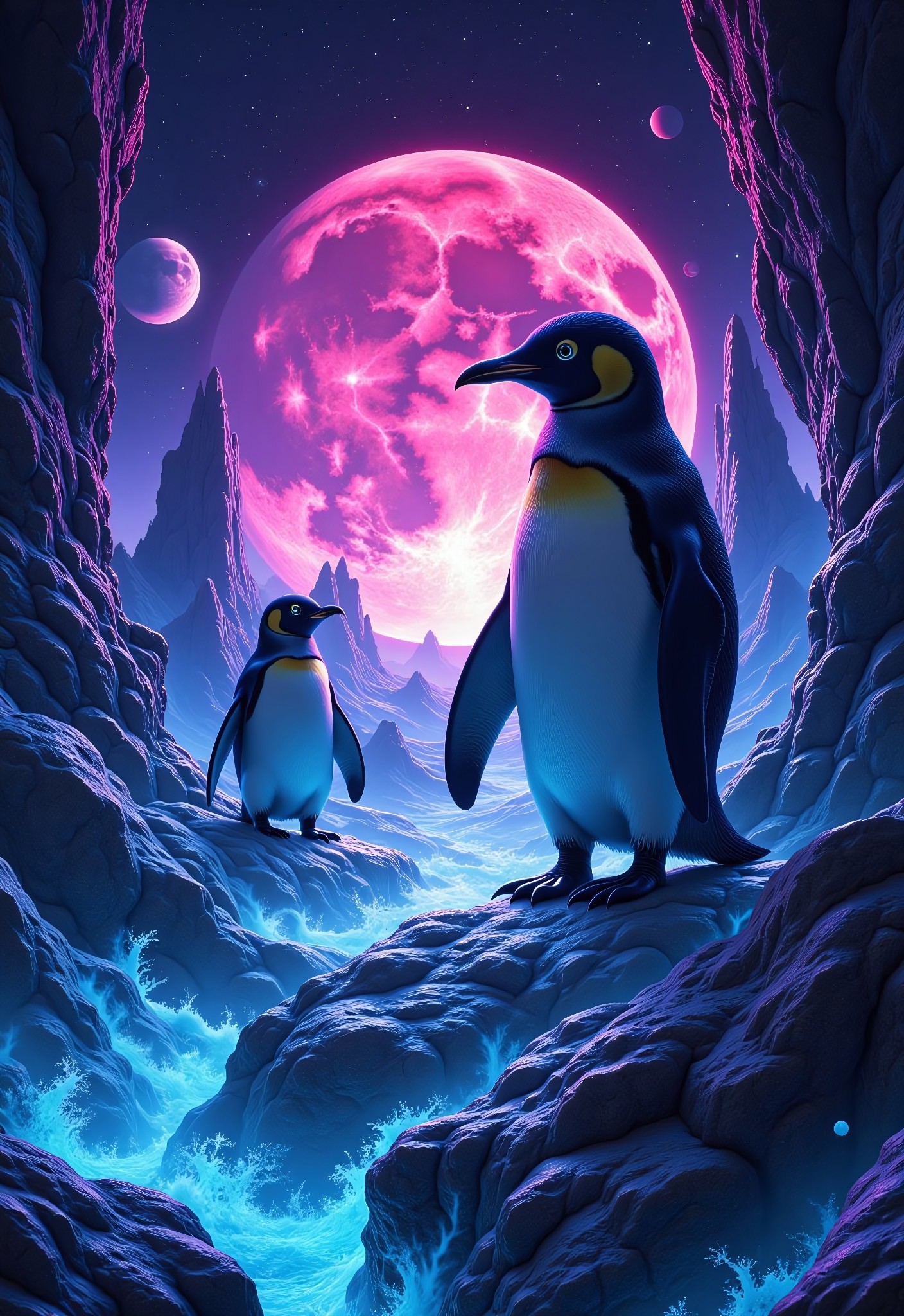 aidmaimageupgrader, a high quality digital Synthwave styled image of Metagalactic Penguins Battle at the Edge of Time