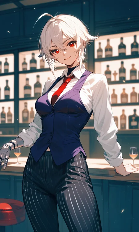(score_9,score_8_up,score_7_up), 1girl, solo, dana zane, medium breasts, red necktie, purple vest, smile, cowboy shot, bar \(place\), bar stool, white shirt, closed mouth, looking at viewer, [prosthetic arm], 
pinstrip pants, black pants, standing, night, <lora:VA-11 Hall-A-xl-blend:1>