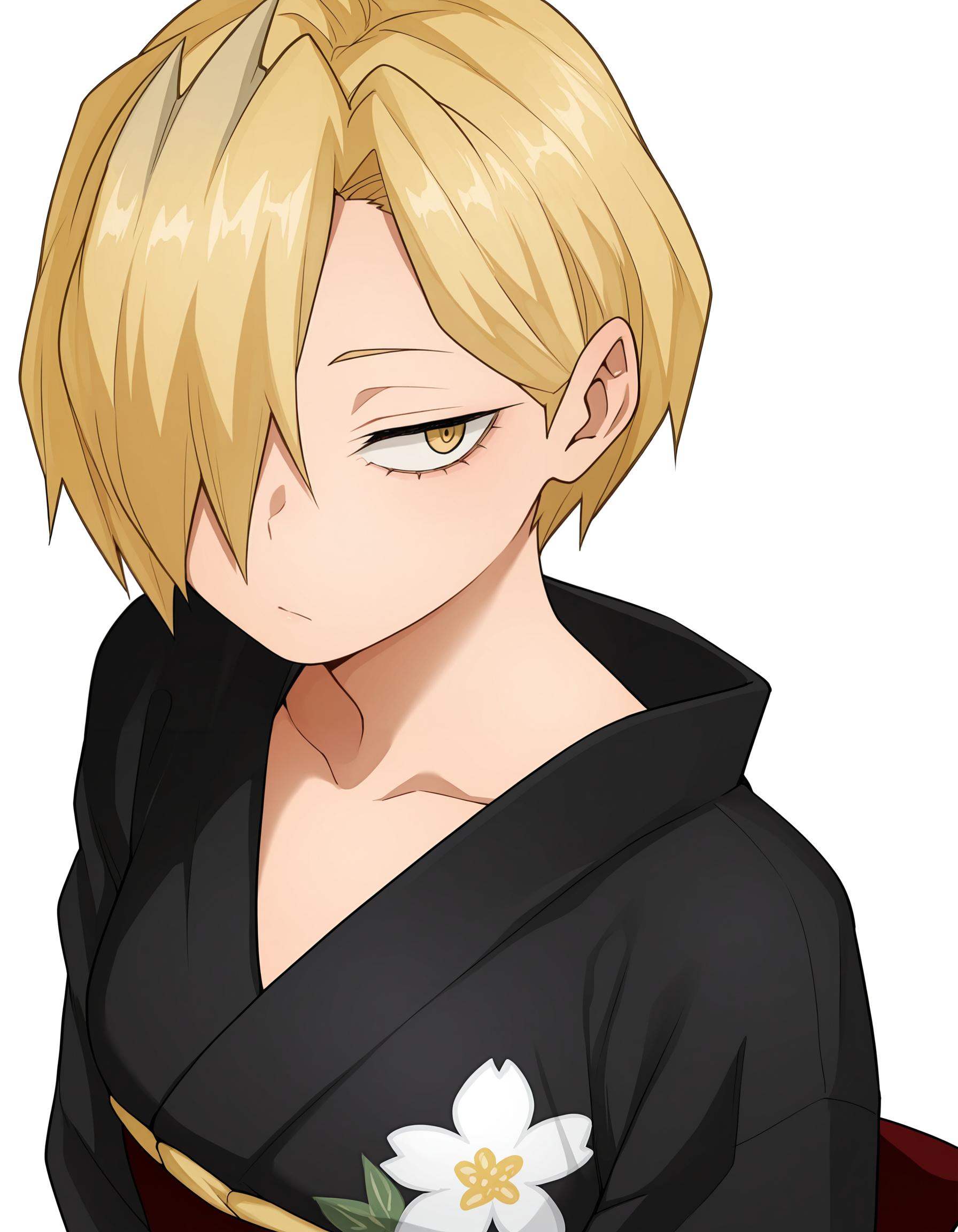 <lora:Ryuko Illu:1>
1girl, solo,
ryuko, short hair, blonde hair, hair over one eye, yellow eyes,
black kimono, floral print, 
simple background, white background,, masterpiece, best quality, amazing quality