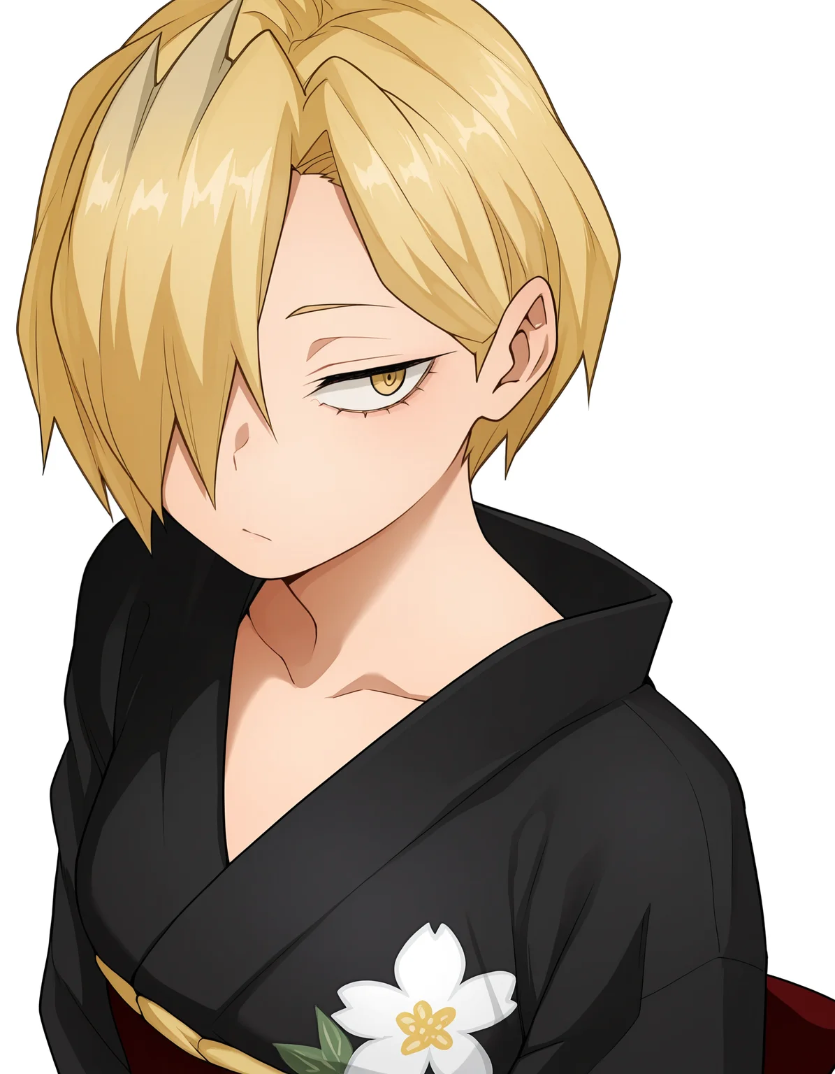 <lora:Ryuko Illu:1>
1girl, solo,
ryuko, short hair, blonde hair, hair over one eye, yellow eyes,
black kimono, floral print,
simple background, white background,, masterpiece, best quality, amazing quality