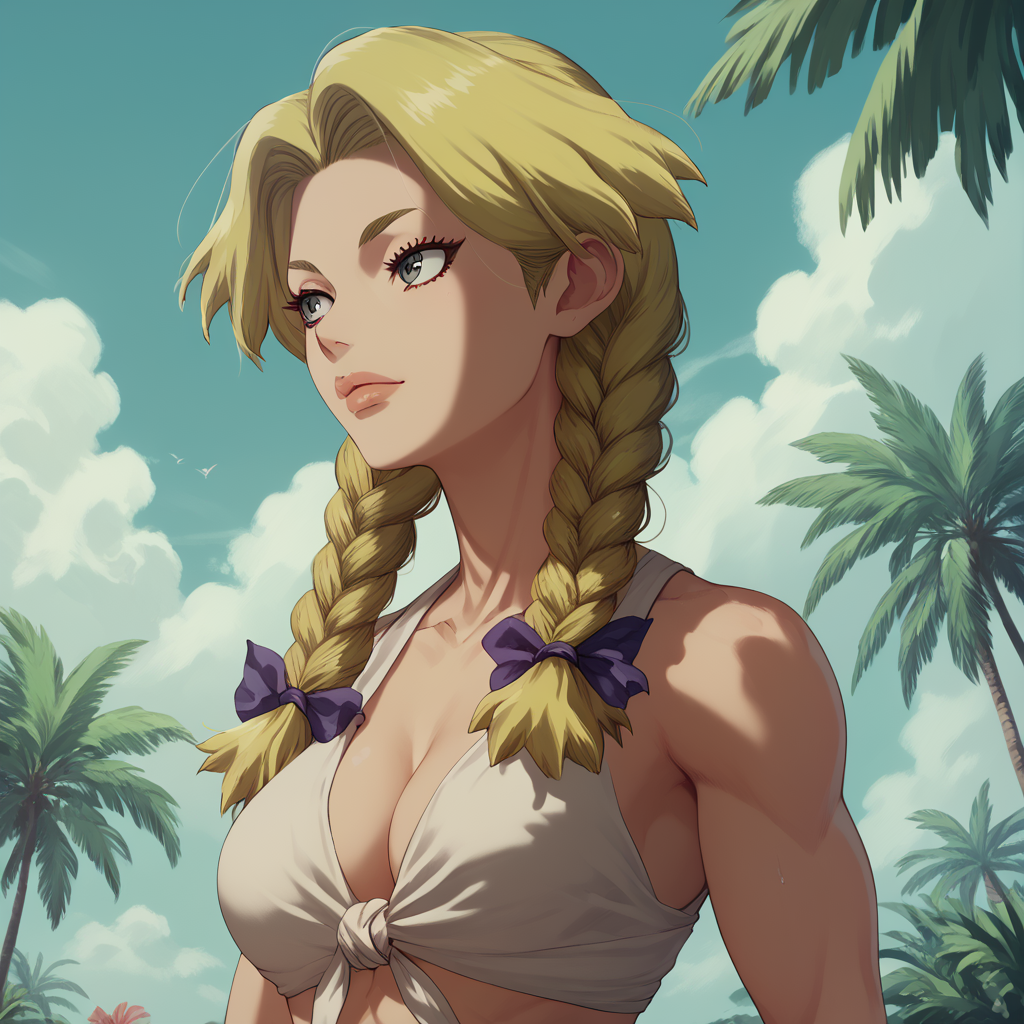 <lora:SlimesNikki:1>, score_9, score_8_up, score_7_up, slimes_nikki, woman, solo, braids, tropical beach background