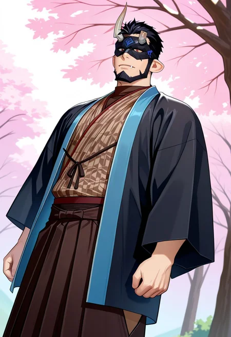 perfect anatomy, perfect proportions, best quality, masterpiece, high_resolution, high quality, amazing quality, best aesthetic, very aesthetic, incredibly absurdres, extremely detailed, intricately detailed illustration, highres, huge filesize, realistic shading, natural lighting, realistic shading, natural lighting,  solo male, adult, mature, masculine, manly, handsome, charming, alluring, upper body, dutch angle, dynamic angle, cowboy shot, from below, perfect face, source_game, official style, Nessen Mochizukin, LAHNessen, red eyes, black hair, short hair, sideburns, facial hair, chinstrap beard, jawline beard, pointy ears, fangs, horns, broken horn, LAHNessen_outfit05, Japanese new year costume,  black eye mask, brown undershirt, checked kimono, brown kimono, black haori, haori himo \(japanese clothes\), brown hakama, brown boots, outdoor, cherry blossom, detailed background, scenery