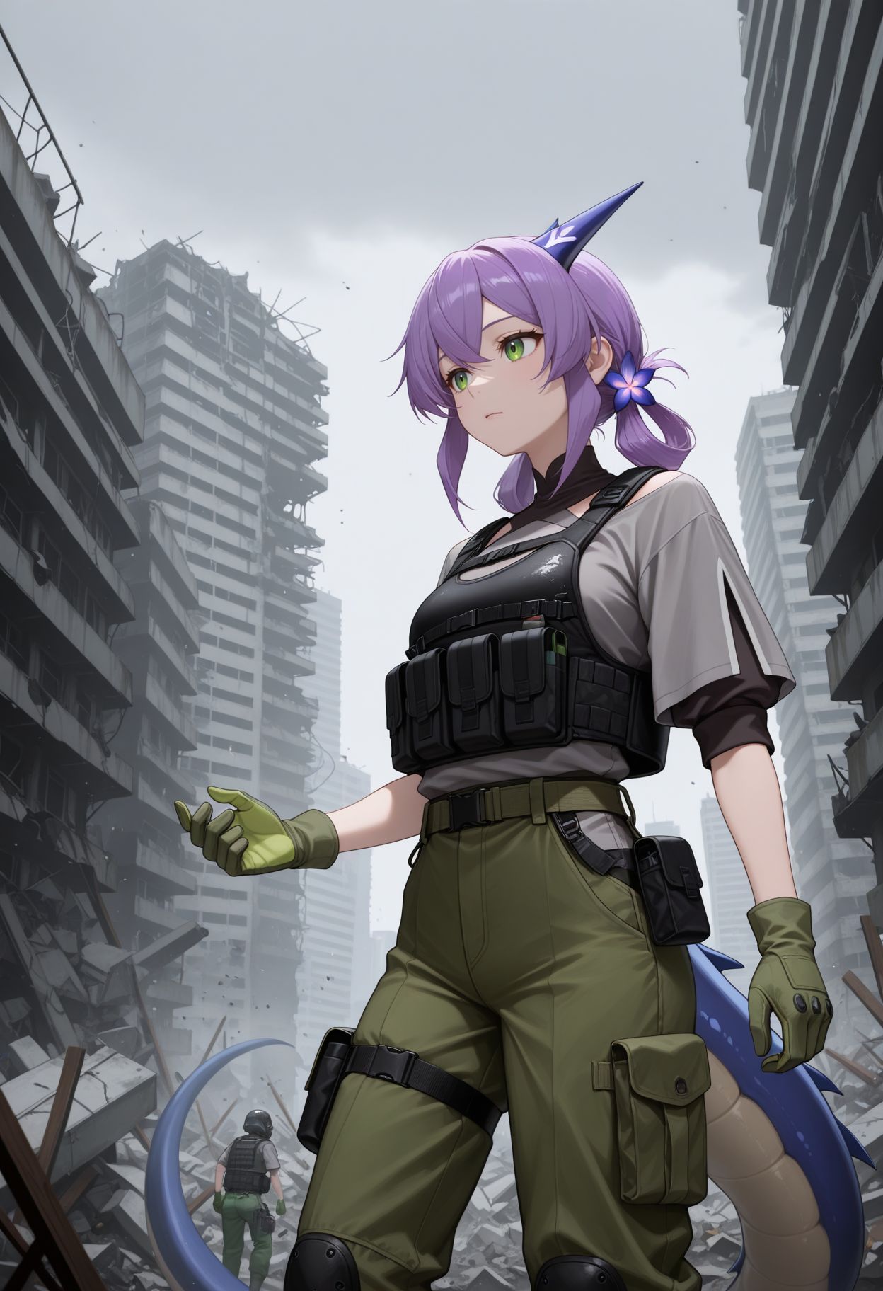 masterpiece,best quality,absurdres,highres,very aesthetic,high quality,detailed,insanely detailed,beautiful,
 <lora:Flatorte illu:1> 1girl, purple hair, long hair, green eyes, hair ornament, dragon girl, dragon tail, 
bulletproof vest, chest harness, grey shirt, short sleeves, green gloves, green pants, cargo pants, thigh strap, thigh pouch, outdoors, grey sky, city, abandoned, debris