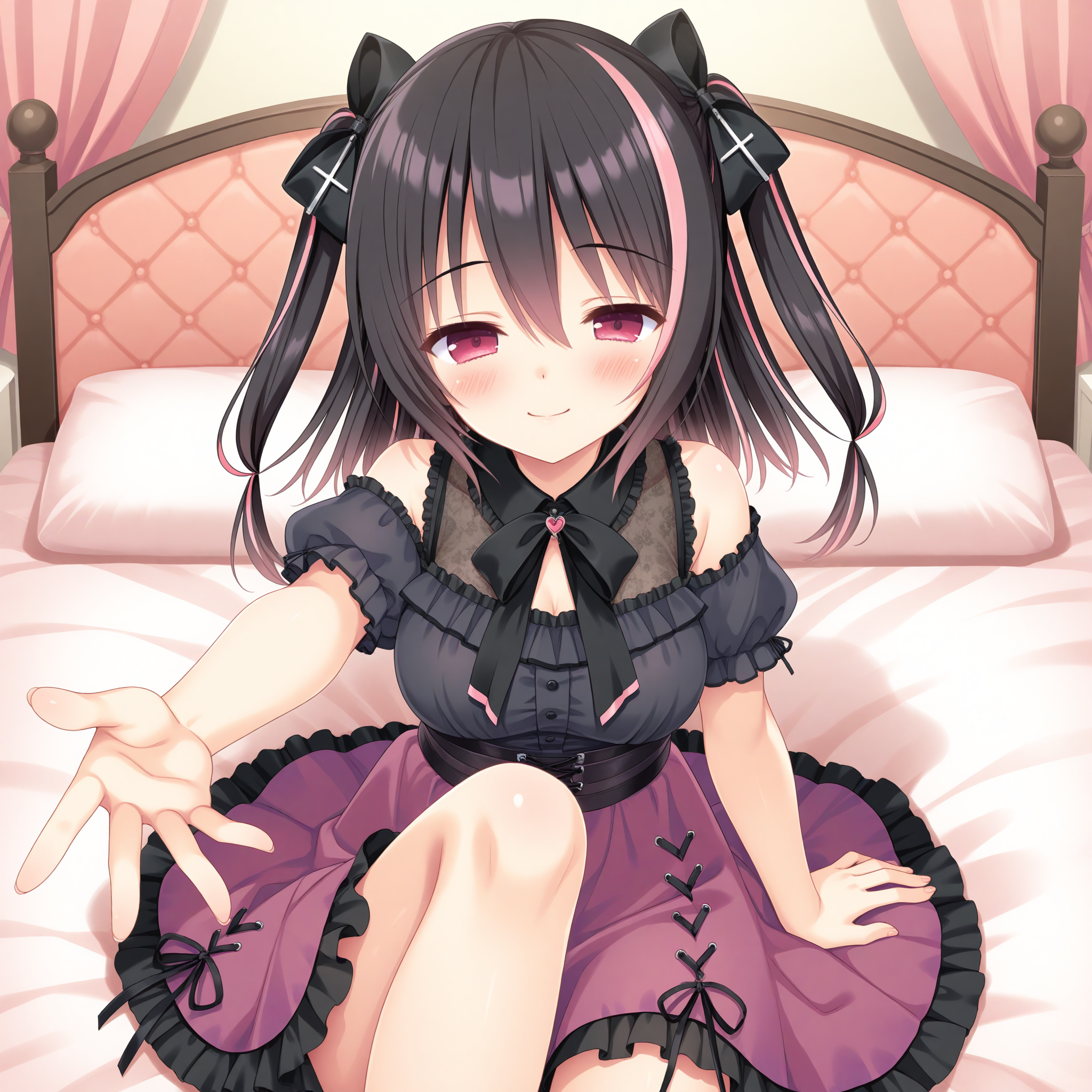 <lora:Otome_Kokoro_1_nai-000042:1>,Otome Kokoro,hair bow,two side up,two-tone hair,streaked hair,black bow,
short sleeves,bow,puffy sleeves,black shirt,frills,puffy short sleeves,bare shoulders,frilled skirt,purple skirt,off shoulder,shoulder cutout,ribbon,
BREAK
1girl,solo,smile,on bed,reaching towards viewer,front view,blush,half-closed eyes,pink bed,front view,straight-on,on beck,bust,knee up,