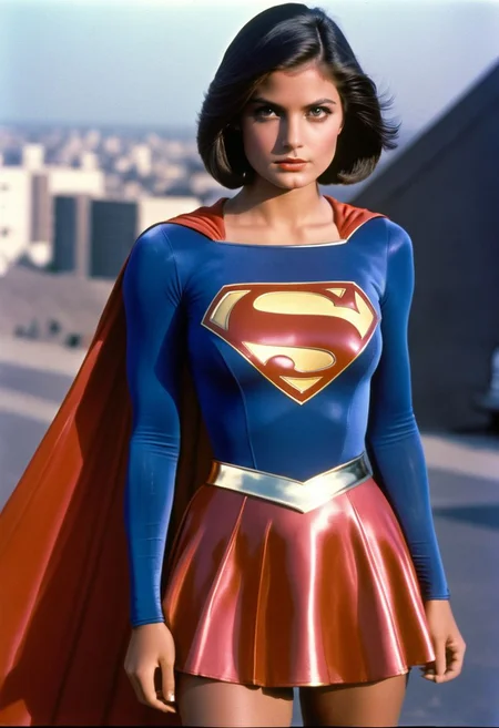 1980s Supergirl film costume, youthful raven-haired Supergirl, facing forward, shiny voluminous smooth straight side-parting short bob haircut, dark-brown eyes, Supergirl film 1980s, ultra-realistic photo, Hyperdetailed photography, sharp focus