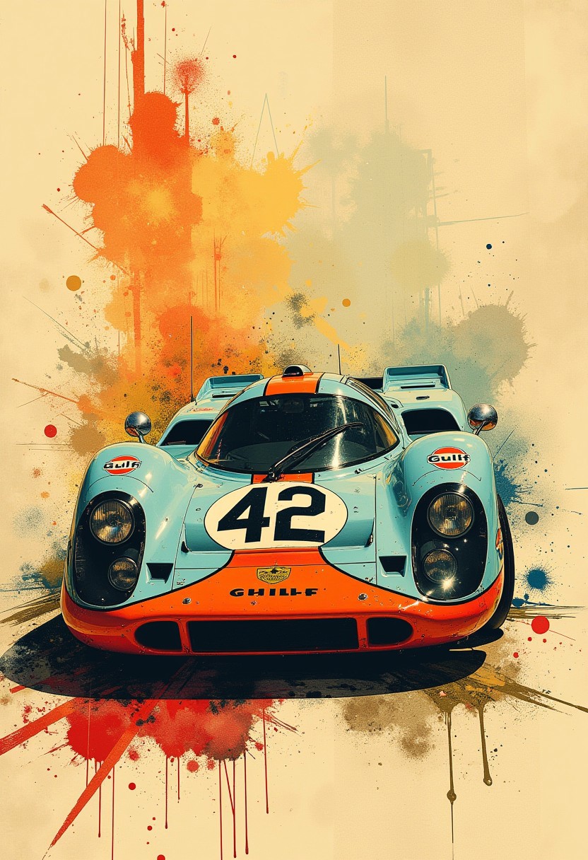 nistyle, Inkplash art on rice paper, sepia, henna , Silhouette Art, magnificent, inksplash poster art, Porsche 917K, number "42", powder blue and papaya "Gulf" livery, "Gulf" logos