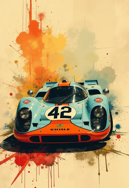nistyle, Inkplash art on rice paper, sepia, henna , Silhouette Art, magnificent, inksplash poster art, Porsche 917K, number "42", powder blue and papaya "Gulf" livery, "Gulf" logos