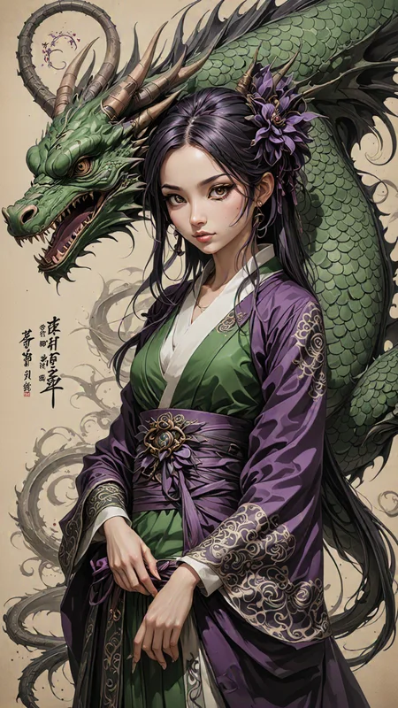 (ULTIMATE Japanese style, INK WASH). on parchment, Black and White, dragon girl, (japanese Writing in Purple and Green), trending on ArtStation , intricate details, masterpiece, best quality, (Use Dream Diffusion Secret Prompt), (Epic), <lora:3D_Framed_Wall_Art_-_By_DICE:0.6>, (Framed Dragon), UHD