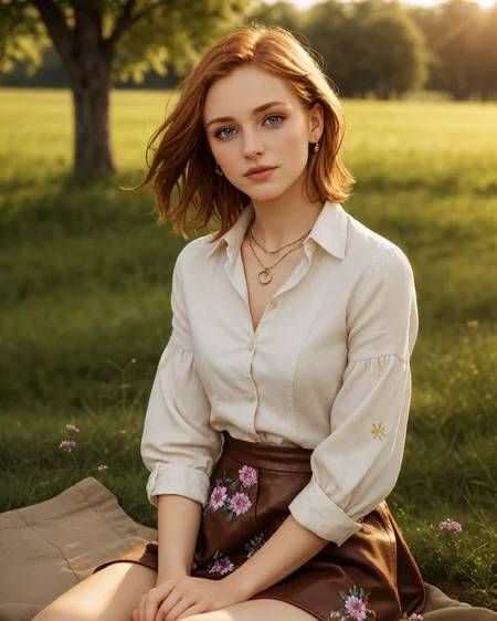superbloom scenery, 24yo attractive irish redhead, (striking eyes with full limbal ring visible, piercing gaze with prominent limbal rings, large expressive eyes with sharp limbal rings, intense wide eyed stare at viewer:1.4), wide cinematic establishing shot seductive young woman sitting having picnic under tree, (bra strap, cleavage,  young adult irish redhead:1.25), (style of Alessio Albi:1.4), Realist Portraiture, Soft Lighting, Emotional Depth, Simple Compositions, (Layered Depth, Soft focus foreground, Painted Scenery:1.1), alluring feminine physique, short backlit hair, perfect face, thin upper lip, pouting lower lip, thin brows, small upturned nose, bow-shaped lips, Raised Eyebrows, Focused Gaze, eager expression, quaint farm setting, (relaxed country woman), (tight unbuttoned shirt, thin material), subsurface scattering, classic cotton, soft pastel, intricate embroidery collar cuffs, rolled-up sleeves revealing sun-kissed forearms BREAK (blanket:1.15), rich textures, patchwork design, vibrant colors, detailed stitching, homely aesthetic (skirt), elegant rustic charm, subtle floral pattern, linen, sways breeze BREAK ((wildflower wreath)), crown delicate chain necklace, small, intricate pendant, heart-shaped with floral theme, glowing subtly in the soft light, ethereal quality, [lens flare glinting], (mischievous yet content expression), lush green fields in the background, (soft, sunlit ambiance), simple leather boots, carefree hair  <lora:kodak_ultramax_400:0.8> golden hour, soft golden light, pastel sky, relaxed posture, natural smile, earthy colors, candid moment, trees and flowers in background, leading lines, depth of field, slightly off-center framing, warm tones, cinematic look, natural setting, editorial style, soft textures, subtle lighting, peaceful mood