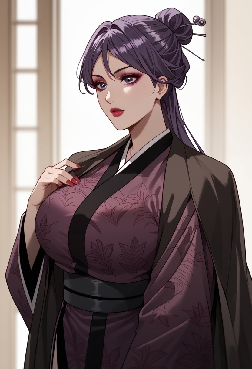 score_9, score_8_up, score_7_up, BREAK, XiaoniaoYouzhao, long hair, dark purple hair, purple eyes, large breasts, red lips, makeup, red nails, XiaJaK, single hair bun, hairpin, haori, jacket on shoulder, purple kimono, print kimono, black sash,1girl, solo,