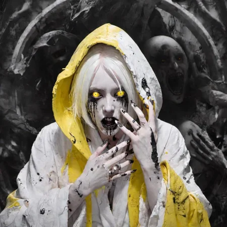 (yellow theme), yellow, robe, shaded face, eyeshadow, shadow, monochrome, hood up, hood, very long fingernails, mirror, pale skin, extra eyes, extra mouth, split-color hair, ink, paint, old, aged-up, ((torn clothes)), yellow eyes, white hair, extra arms, jewelry, unmoving pattern, statue, ((horror (theme))), guro, ((blood)), personification, pauldrons, amputee, simple background, ribs, contrast, death, empty eyes, magic, ribs, mechanical arms, brain, surgical mask, bottomless, dark, (((surprised))), ((((close-up)))), crazy, seraphins, mystical creature with hundreds of eyes and wings