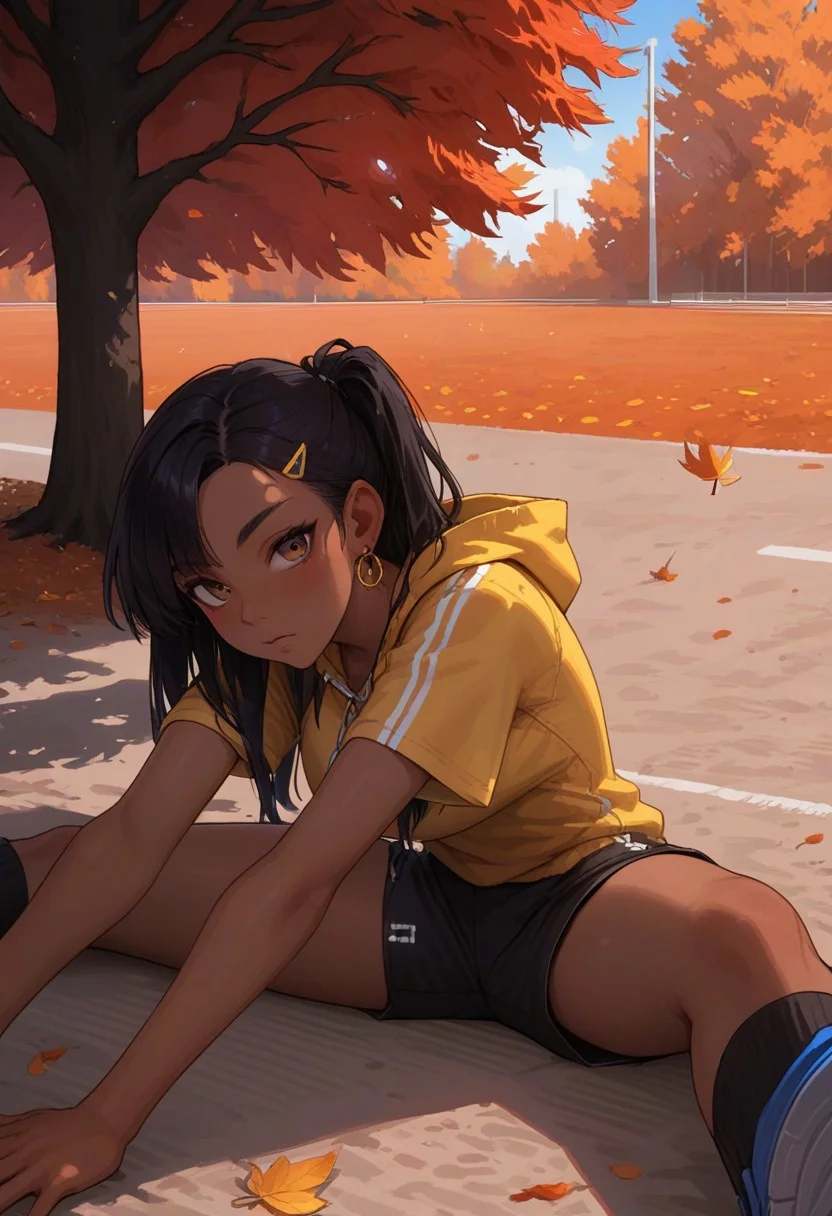 score_9, score_8_up, score_7_up, score_6_up, 
1girl, 25 years old, perfect face, looking at viewer, 
dark-skinned female, 
brown eyes, 
streaked hair, black hair, blue hair, asymmetrical bangs, hair ornament, hairclip, earclip, 
yellow hoodie, 
black sport shorts,
autumn, autumn leaves, 
running track, track and field, sitting, stretching leg,  flexible, wide spread legs, wide shot, from side