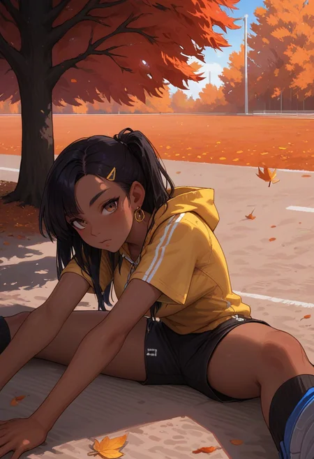 score_9, score_8_up, score_7_up, score_6_up,
1girl, 25 years old, perfect face, looking at viewer,
dark-skinned female,
brown eyes,
streaked hair, black hair, blue hair, asymmetrical bangs, hair ornament, hairclip, earclip,
yellow hoodie,
black sport shorts,
autumn, autumn leaves,
running track, track and field, sitting, stretching leg, flexible, wide spread legs, wide shot, from side