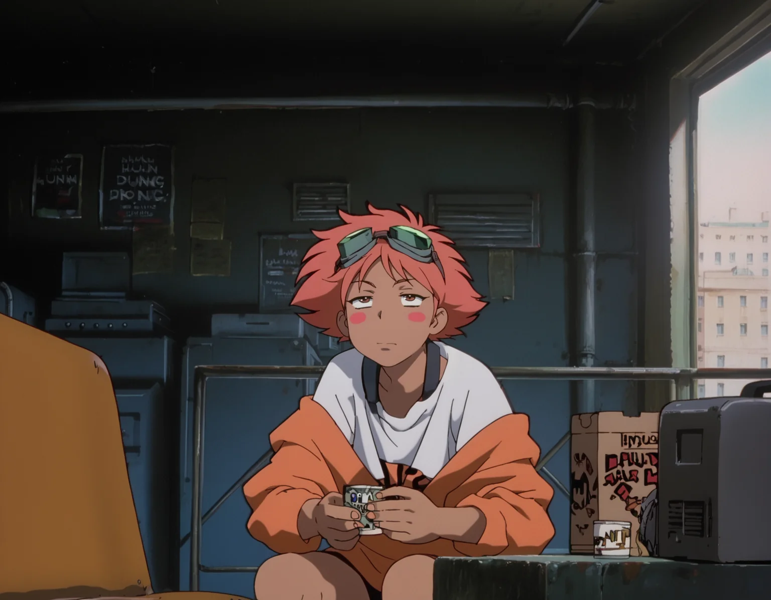 score_9, score_8_up, score_7_up, <lora:cowboy-bebop-ponyxl-000020:1> ed0wa5d, blush stickers, goggles on head, oversized clothes, streetwear,
1girl, solo, marijuana, 420, smoke, joint \(drug\), messy room, hazy