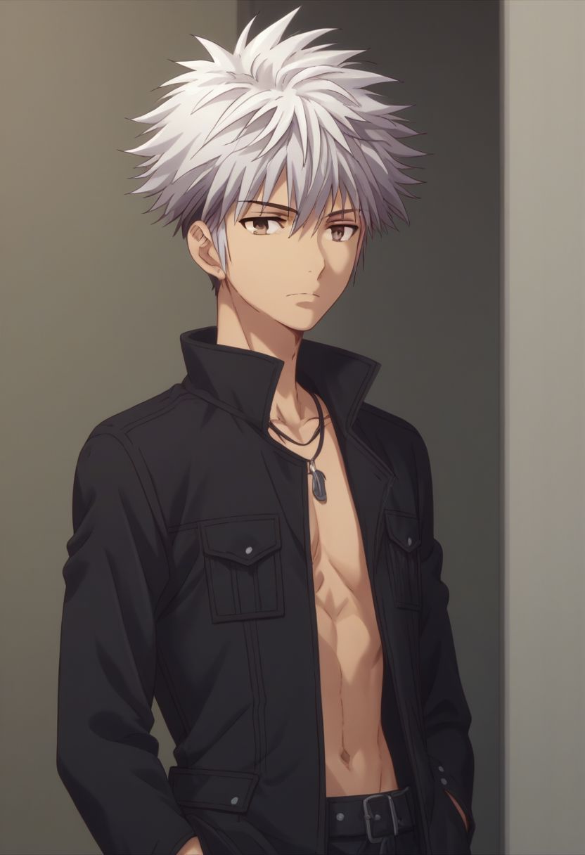 score_9, score_8_up, score_7_up, source_anime, highly detailed, 1boy, solo, male_focus, 
haru_sohma, 1boy, male focus, solo, jacket, brown eyes, spiked hair, upper body, white hair, pocket, black jacket,