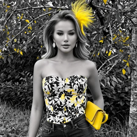 Woman in yellow beachwear - monochrome/partially colored SDXL