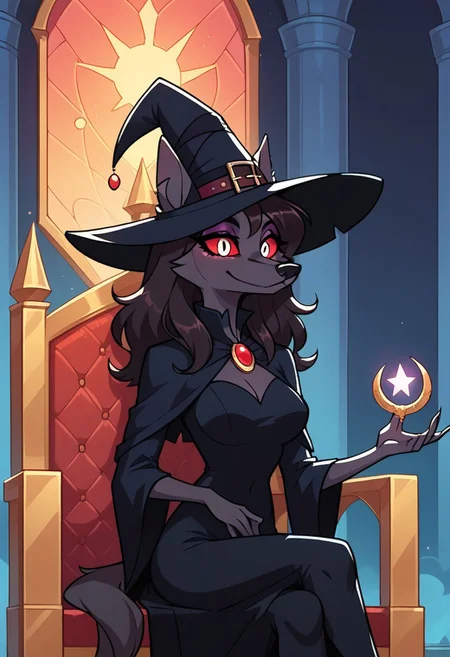 SCORE_9, SCORE_8_UP, SOURCE_FURRY, BREAK, SOLO, HOUNDSONA, RED EYES, BLACK SCLERA, FEMALE, FURRY, BLACK FUR, BLACK HAIR, WITCH DRESS, WITCH HAT, BREAK, ON CASTLE THRONE, HIGH RESOLUTION, VIVID TEXTURES, DETAILED PUPILS