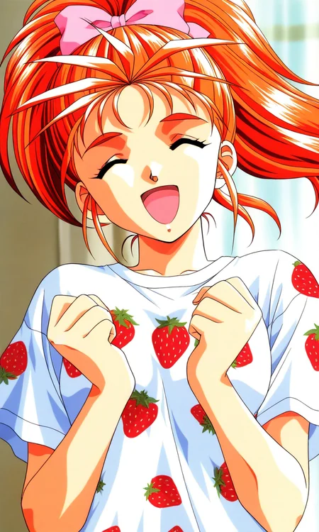 general,highres, ultra-detailed,very aesthetic,best quality ,best hands, BREAK <lora:Saotome_Yumi_Tokimeki_Memorial_IS:1>
Saotome_Yumi(Tokimeki_Memorial), 1girl, solo, closed eyes, orange hair, hair bow, high ponytail, long hair, small breasts,
open mouth, happy,
fruit, bow, food, shirt, strawberry print shirt, orange eyes,
smile, looking at viewer, food print, t-shirt, socks, short sleeves, white shirt, upper body, solo focus, closed mouth